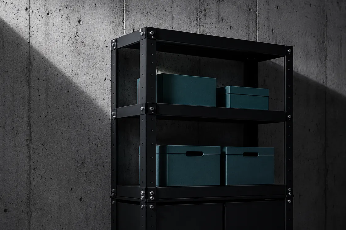 Estantería modular de acero negro con libros y objetos de decoración